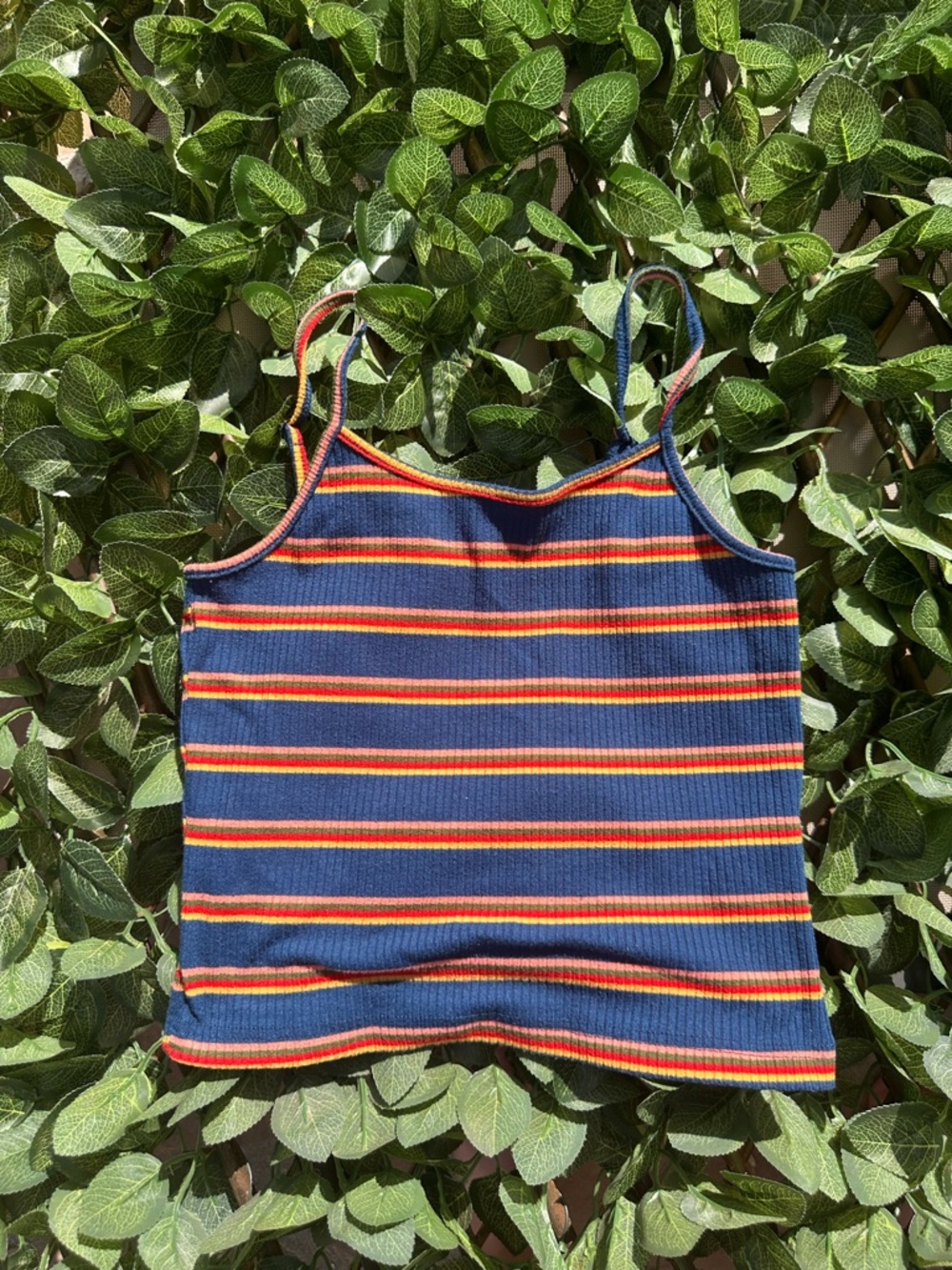 Striped Navy Ribbed Cami Tank Top with Red & Yellow Stripes